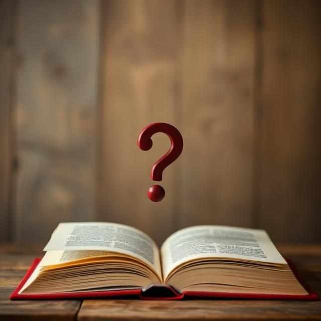 an open bound book with a red question mark above and a wooden paneled background